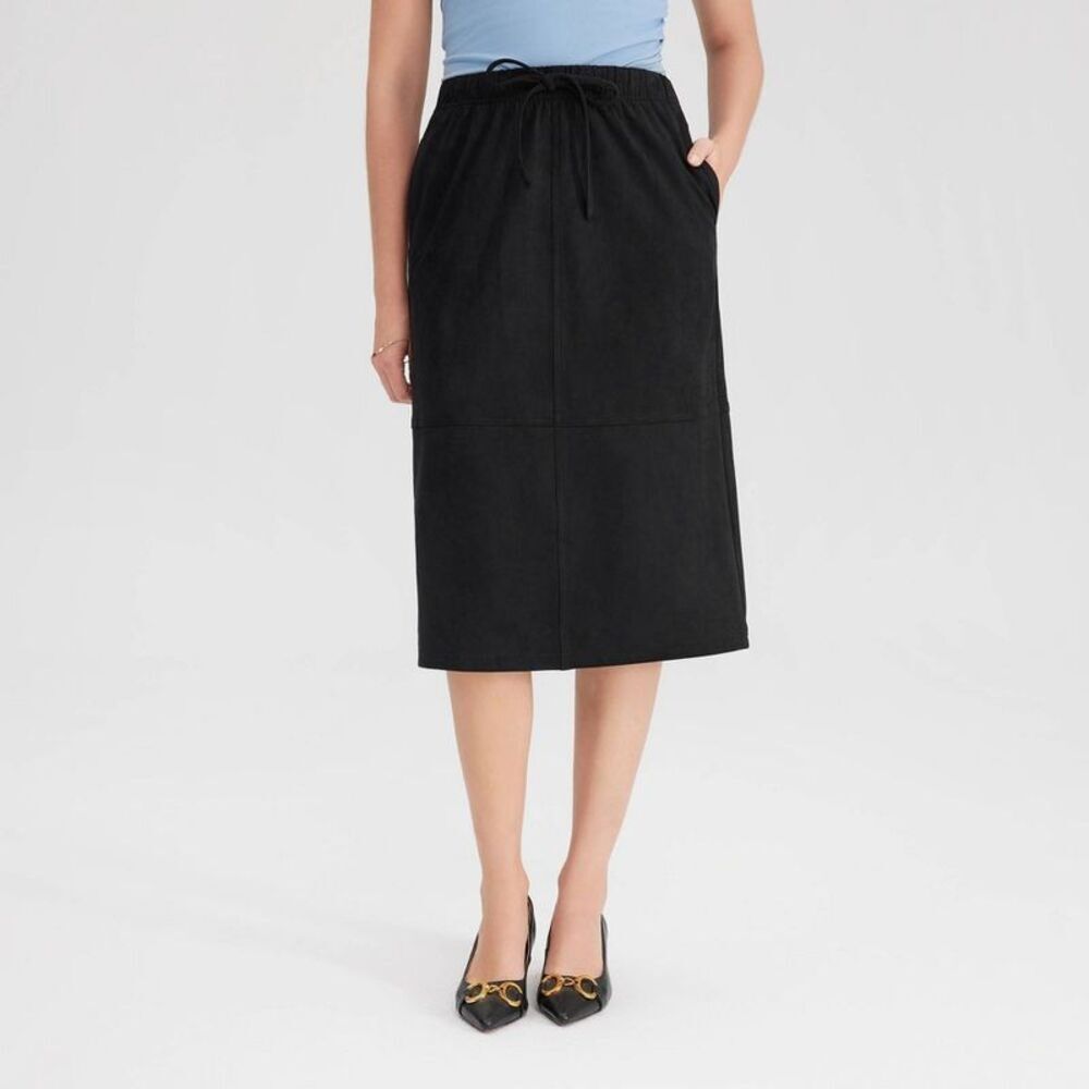 Women's Faux Suede Drawstring Midi A-Line Skirt - A New Day Black M